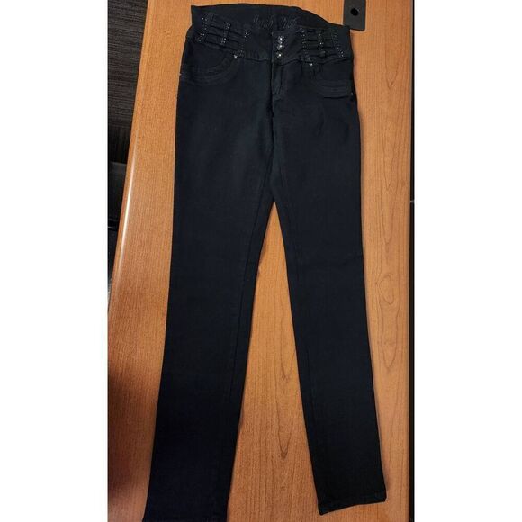 💕Tush Push 3 button black skinny jeans  embellished waist and pockets size 7. - Picture 1 of 7